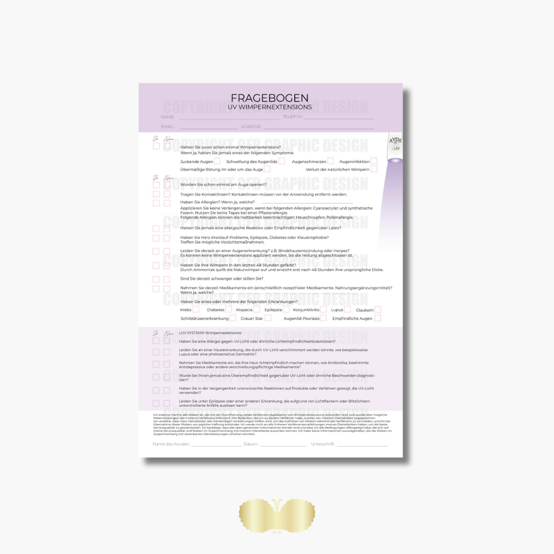 Kundenfragebogen UV Wimpernverlängerung PDF Download DIN A4 Digital CFB Cosmetics®