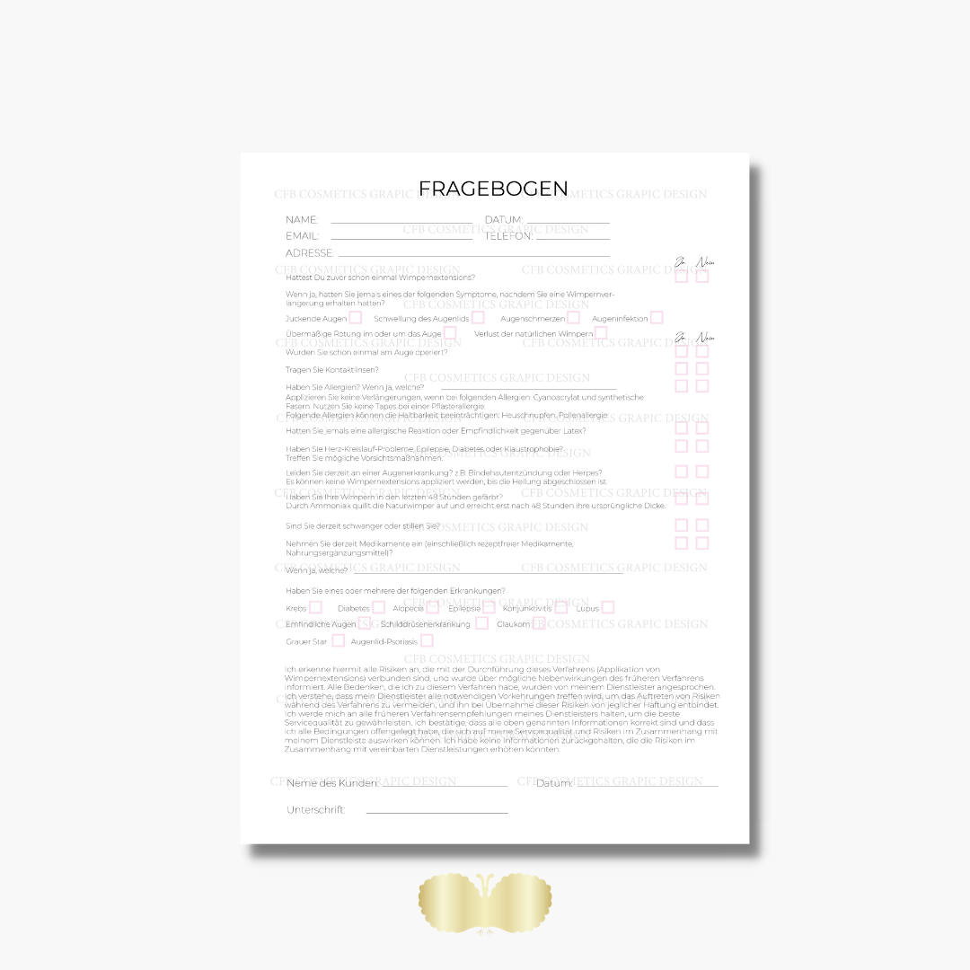 Kundenfragebogen Wimpernverlängerung digital PDF Datei CFB Cosmetics®