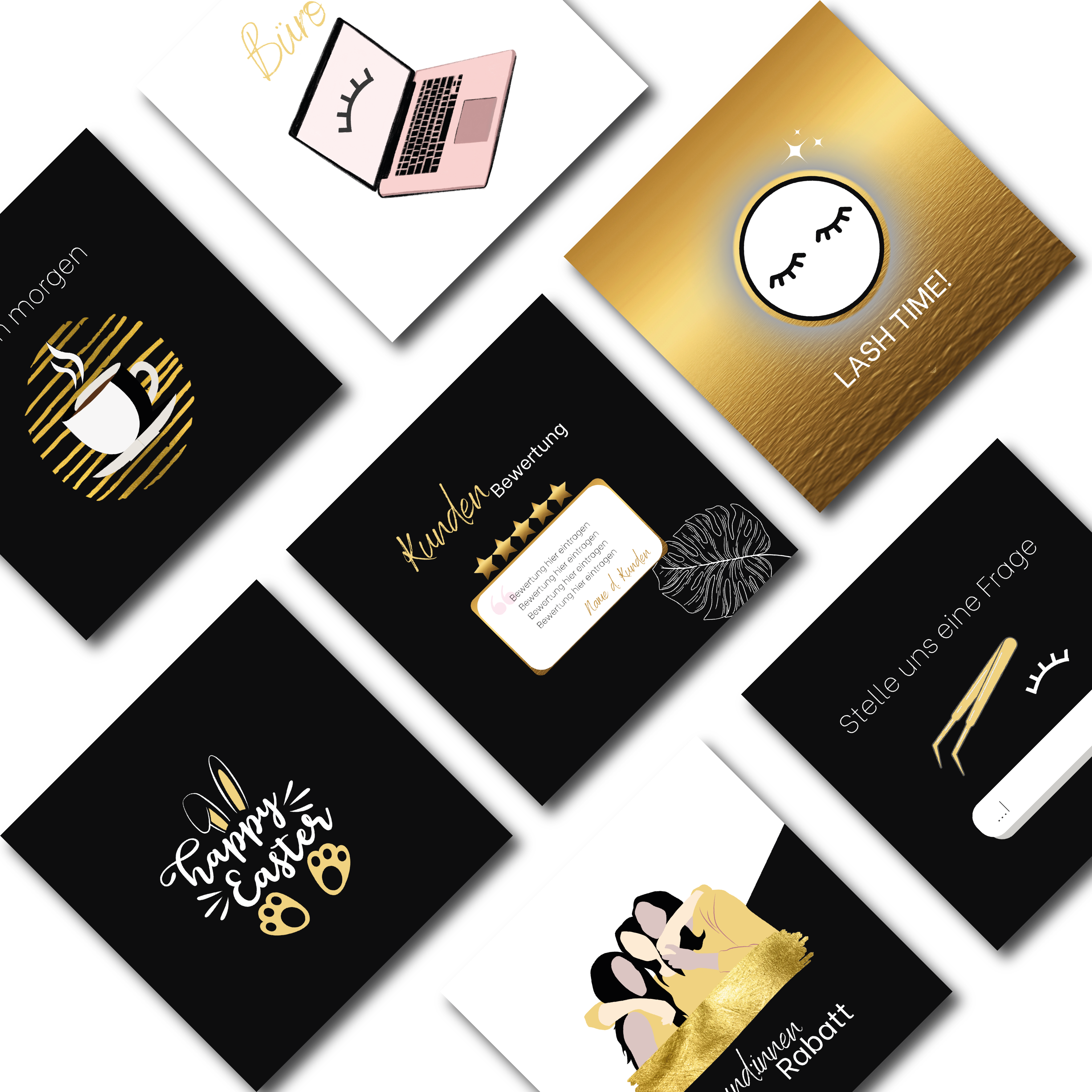 60 Instagram post templates for eyelash stylists - eyelash studio - black/gold