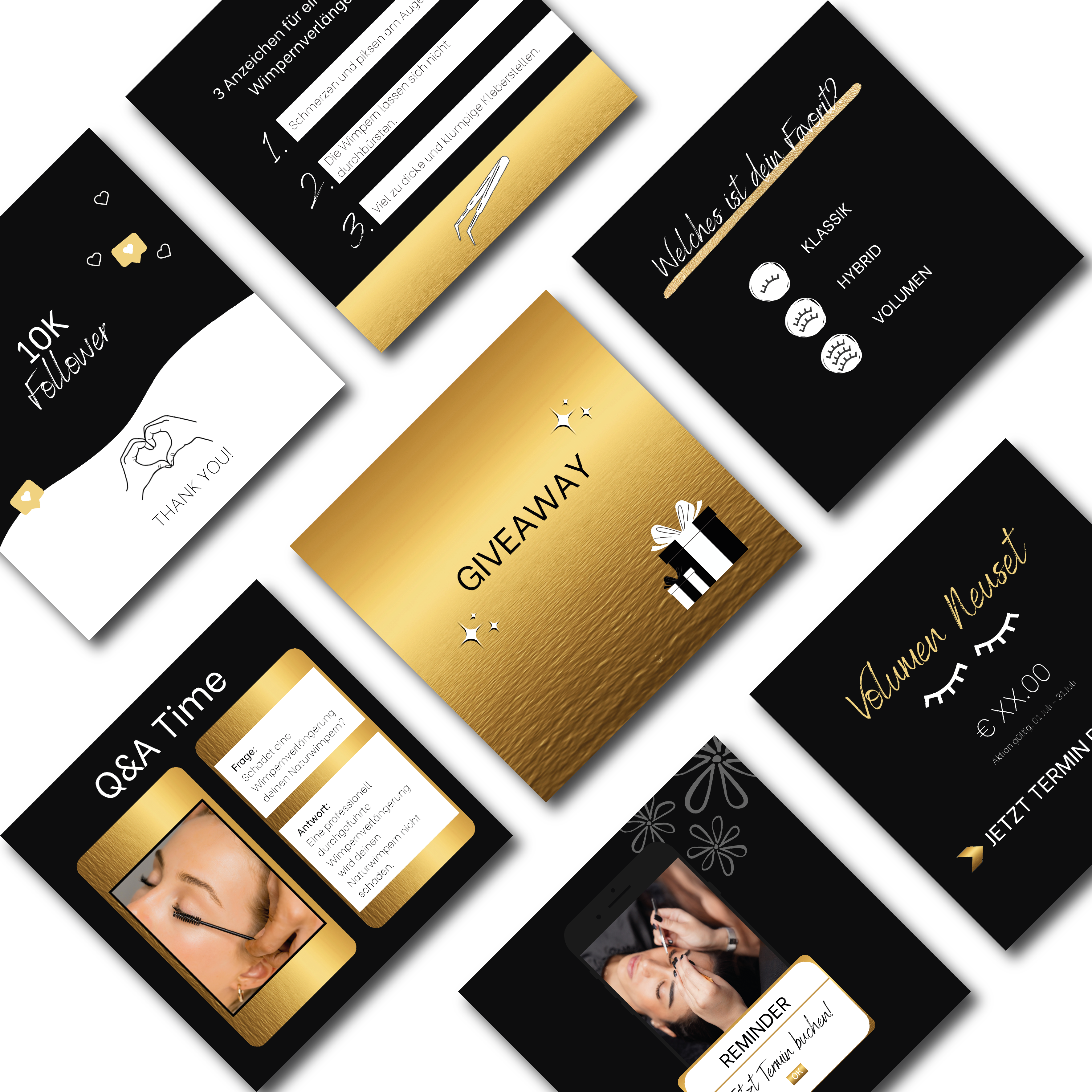 60 Instagram Post Vorlagen für Wimpernstylisten - Wimpernstudio - schwarz/gold