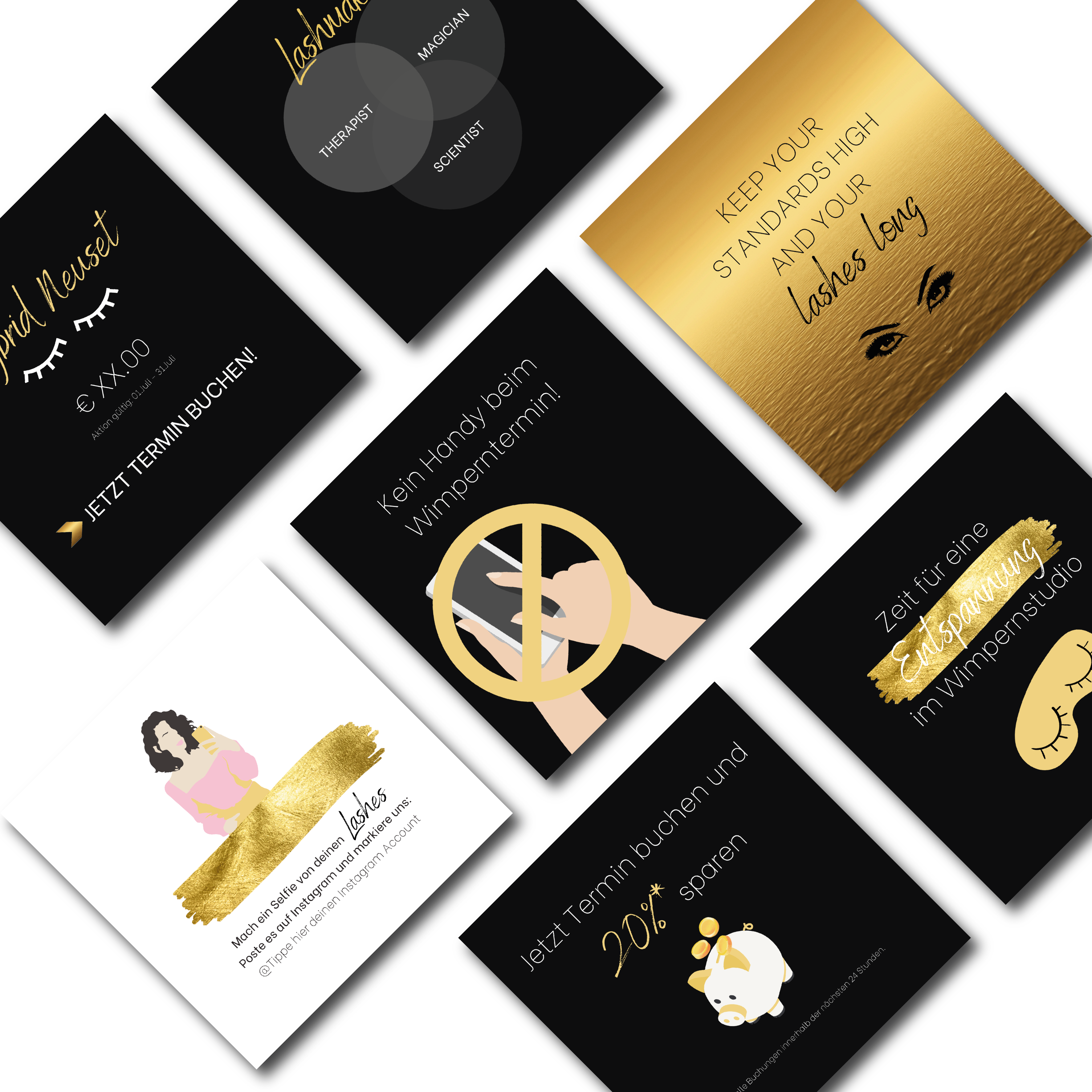 60 Instagram Post Vorlagen für Wimpernstylisten - Wimpernstudio - schwarz/gold