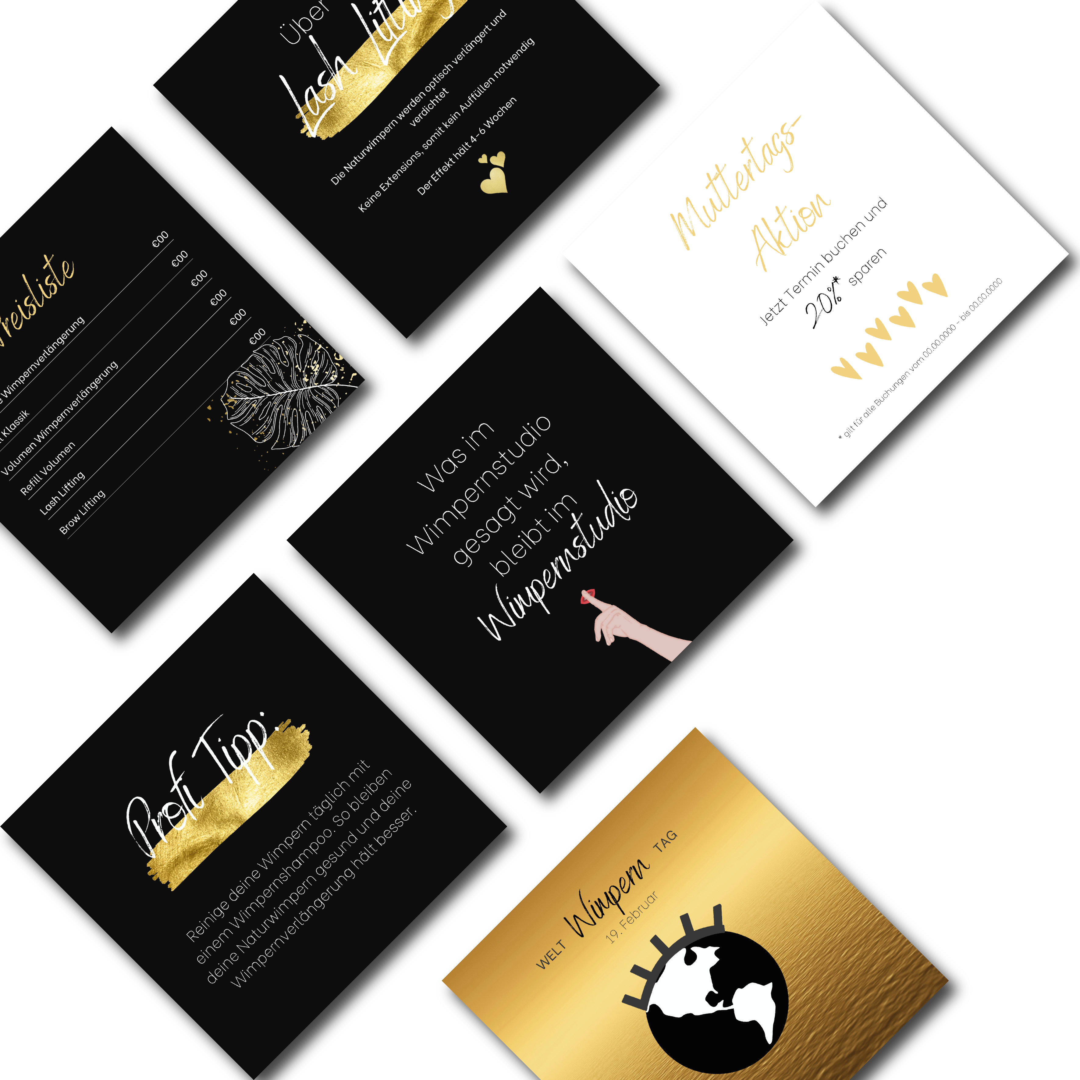60 Instagram Post Vorlagen für Wimpernstylisten - Wimpernstudio - schwarz/gold
